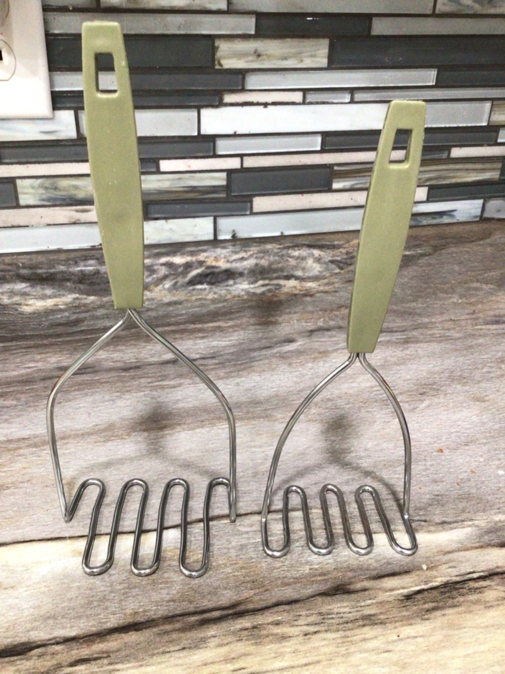 Vintage Green Handle Potato Mashers Set of 2 Stainless Steel Kitchen Utensils.